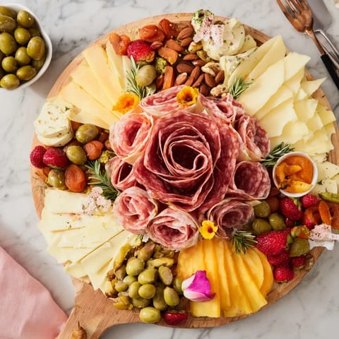 This Meat and Cheese Rose Garden Board offers a savory array of meats, cheeses, and garnishes, perfect for entertaining.