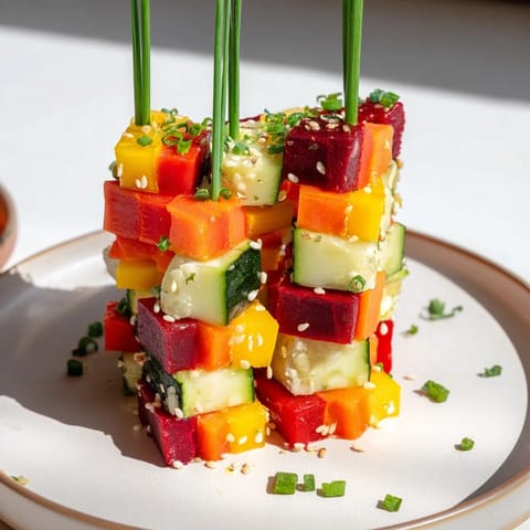 Delicious Stacked Gift Box Veggie Cubes, garnished with chives and sesame seeds, perfect party finger food.