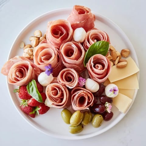 This Prosciutto Rose Bouquet Board showcases artisan cheeses and colorful fresh elements ready to serve.