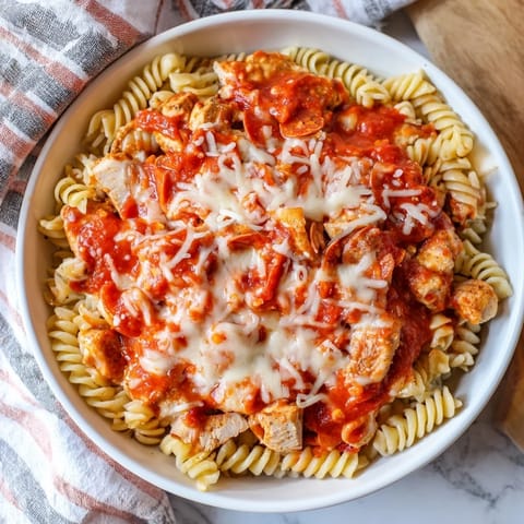 Tender rotini pasta and pepperoni combined for delicious One-Pan Pizza Pasta topped with bubbly cheese in a pan.