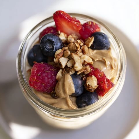 A close-up of a Cashew Butter Yogurt Parfait: see fresh berries and crunchy granola topping.