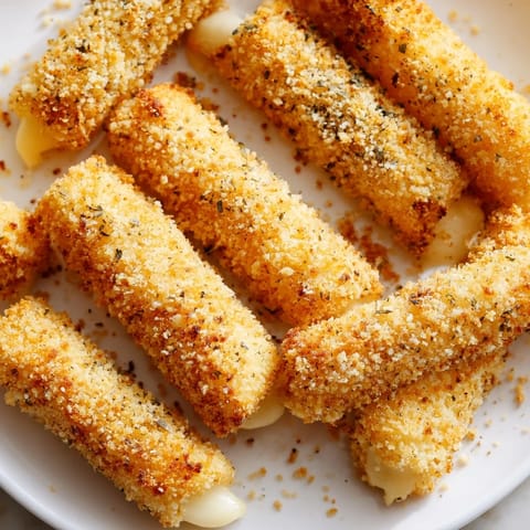 Close-up of freshly cooked air fryer mozzarella sticks showing melted cheese inside a crunchy crust.