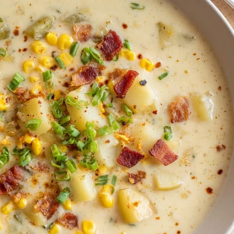 Steaming bowl of Corn Chowder, showing off golden corn kernels and a swirl of creamy broth, ready to eat.