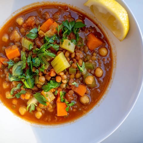 Close up shot of hearty North African Harira Soup with chickpeas and lentils, ready to serve with lemon.
