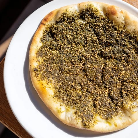 A close-up of freshly baked Levantine Zaatar Bread, the sesame seeds glistening next to zaatar.