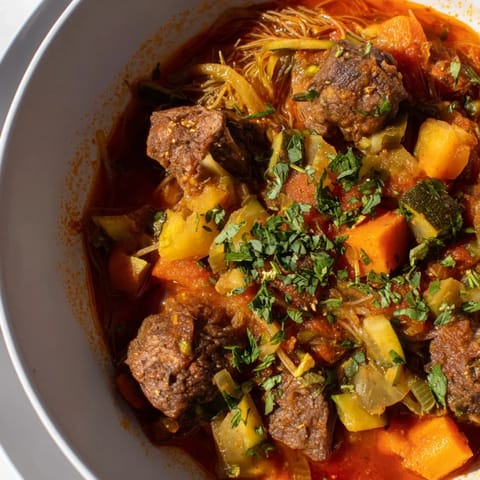 Close-up of Algerian Chorba: a rich, flavorful broth with hearty lamb and a medley of fresh herbs, perfect for a cozy meal.