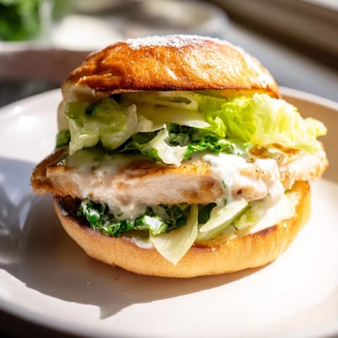 A close-up of a Caesar Chicken Sandwich, layered with Parmesan cheese and ready to serve with potato chips.  