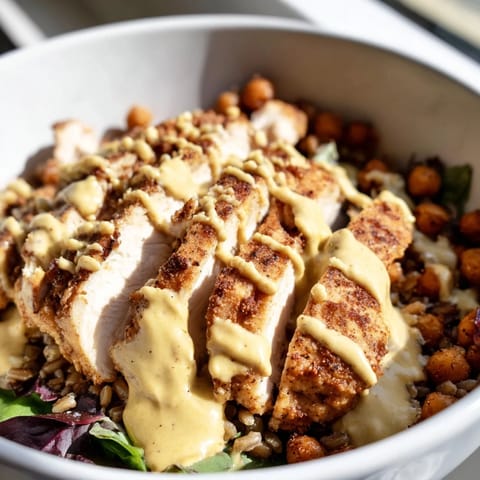 The Lemon Tahini Chicken Power Bowl features golden roasted chickpeas and hearty farro, drizzled with creamy lemon sauce.