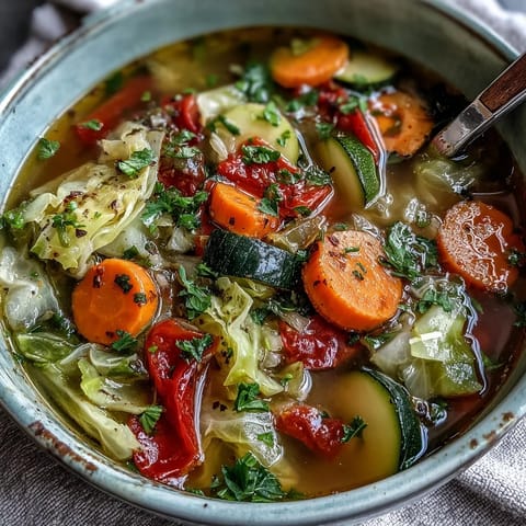 Hearty vegan Cabbage Soup steaming in a rustic bowl, filled with colorful diced bell peppers and zucchini.