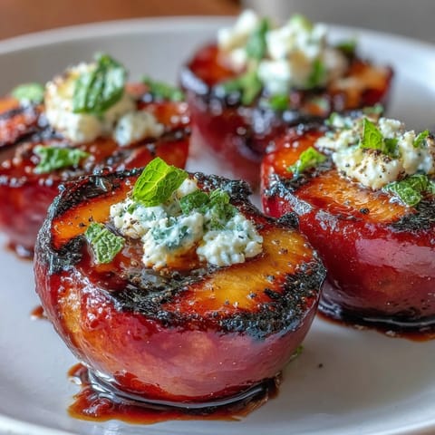 Grilled plums with goat cheese and balsamic glaze on a serving platter.