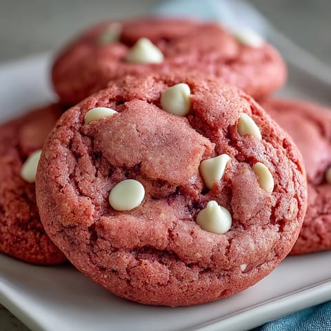 Vibrant Pink Velvet Cookies studded with creamy white chocolate chips, fresh from the oven.