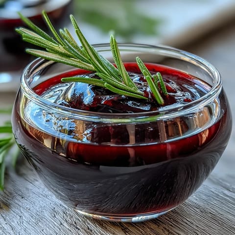 Spoon pouring deep purple Black Currant and Rosemary Reduction onto grilled venison steak with roasted carrots.