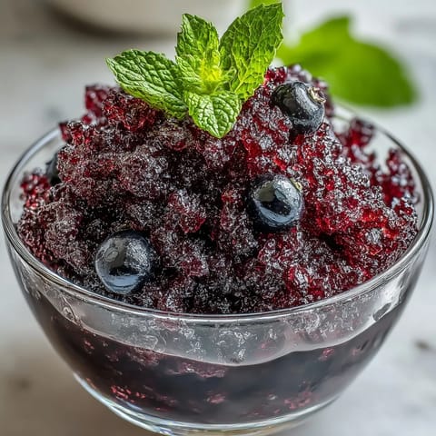 Fluffy, bright purple Black Currant Granita served in a chilled glass garnished with fresh mint. 