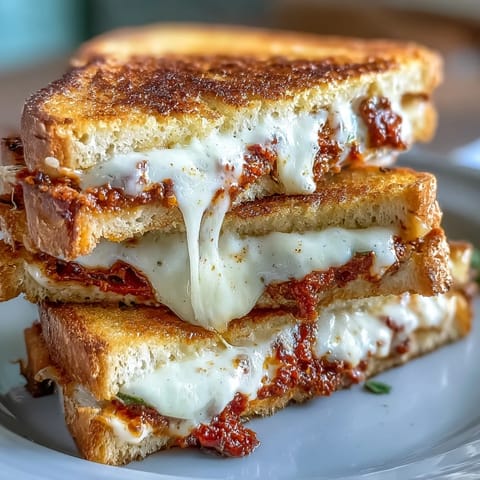 Golden-brown Sun-Dried Tomato Pesto Grilled Cheese oozing melted mozzarella on a plate.