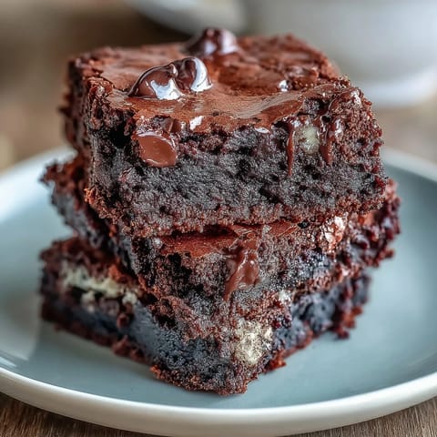 A platter of fudgy Greek Yogurt Brownies topped with dark chocolate chips and chopped walnuts.