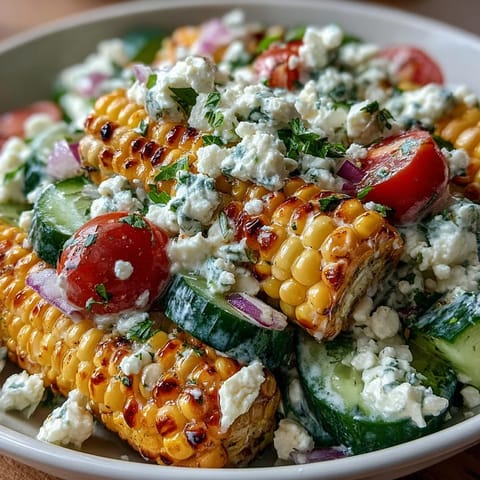Street Corn Creamy Cucumber Salad served chilled in a rustic bowl with plenty of cilantro garnish.