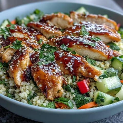 Bright red bell peppers, diced cucumbers, and shredded carrots add crisp texture to these colorful Sesame Ginger Chicken Couscous Bowls.