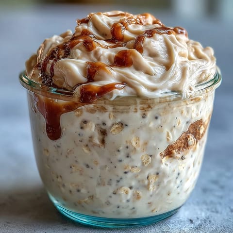 High-Protein Cinnamon Roll Overnight Oats layered with Greek yogurt and cinnamon, ready for a healthy breakfast.