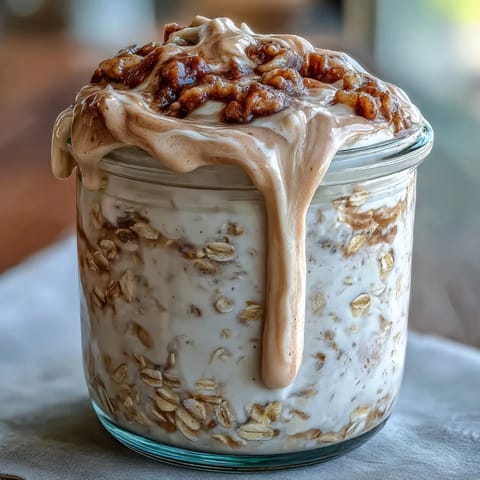 Close-up of creamy High-Protein Cinnamon Roll Overnight Oats in a glass jar, topped with a luscious cream cheese drizzle and a dusting of cinnamon.