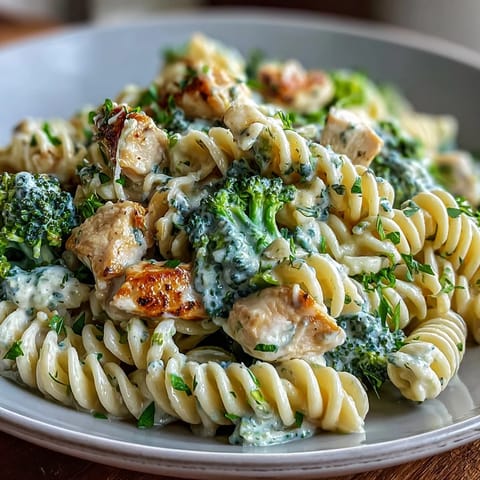 A close-up of Garlic Parmesan Broccoli & Chicken Pasta showing tender chicken and bright green broccoli in rich sauce.