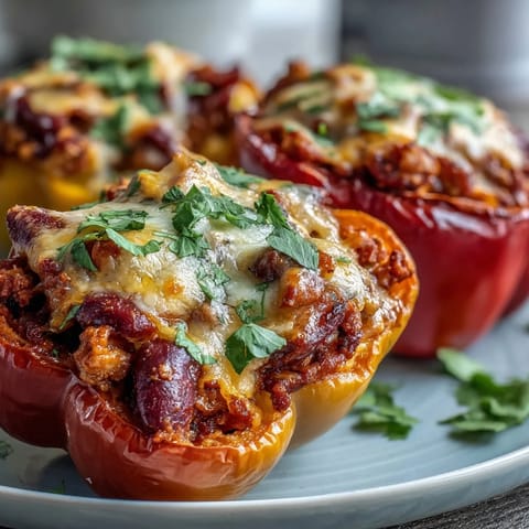 Golden baked bell peppers overflowing with hearty chili mac and topped with melted cheddar cheese.