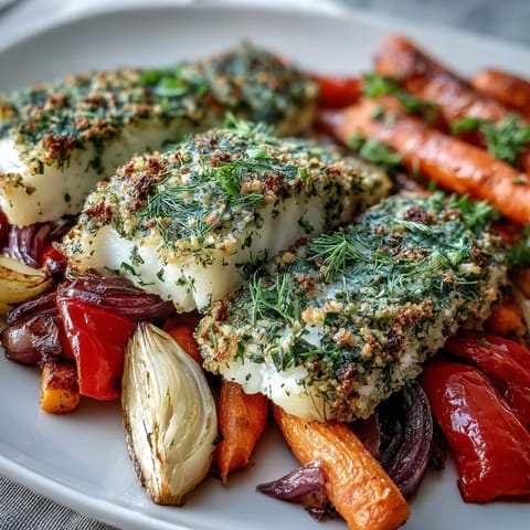 Tender Herb-Crusted Baked Cod with Roasted Vegetables resting on a sheet pan, featuring bright red bell peppers and zucchini.