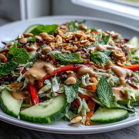 Colorful Vegan Spring Roll Salad with rice noodles, crisp veggies, and herbs drizzled with a zesty peanut dressing.