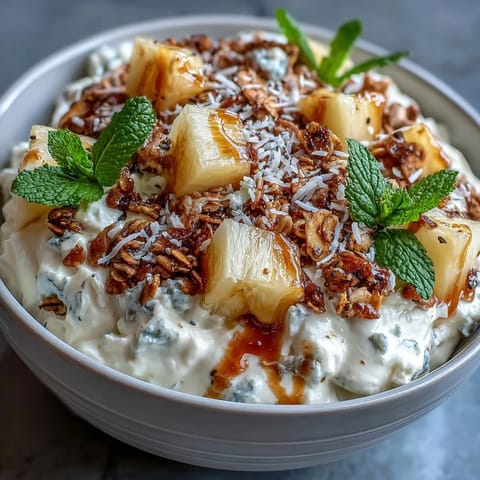 A close-up of Cottage Cheese Breakfast Bowl with Pineapple and Granola, featuring diced pineapple, chia seeds, and a honey drizzle.