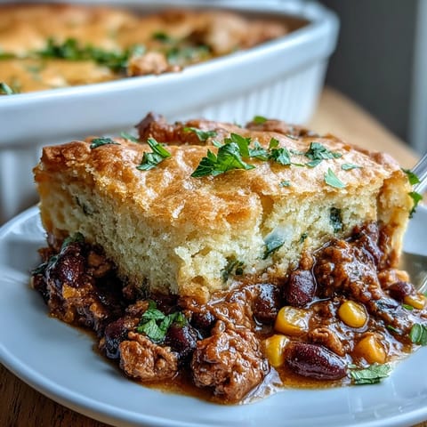 Comforting casserole featuring seasoned black bean filling beneath a fluffy cornbread crust, perfect for family dinners.  