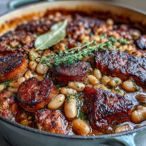 A rustic bowl of Ham and White Bean Cassoulet, brimming with tender beans, smoky ham, and aromatic herbs, slow-cooked to perfection.