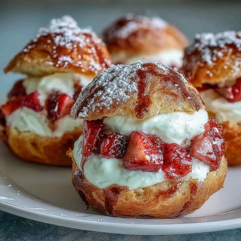Valentine strawberry cream puffs with golden choux pastry filled with fresh strawberry whipped cream and dusted with powdered sugar.  