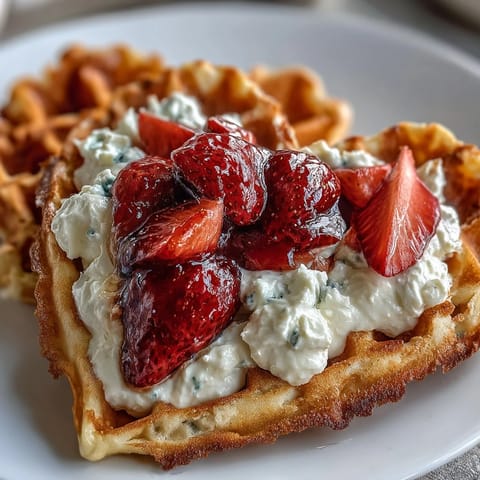 Golden, crispy waffles with a creamy cottage cheese topping and fresh strawberry slices, perfect for a romantic brunch or weekend treat.