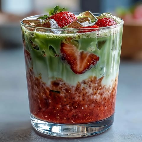 Strawberry Matcha Iced Latte with Oat Milk - A vibrant, layered drink with fresh strawberry puree, earthy matcha, and creamy oat milk over ice.
