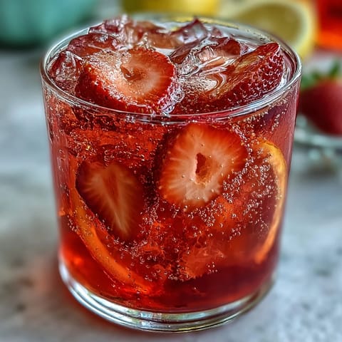 Vibrant strawberry lemonade mocktail with sparkling water, fresh berries, and lemon slices in a clear pitcher, perfect for summer refreshment.