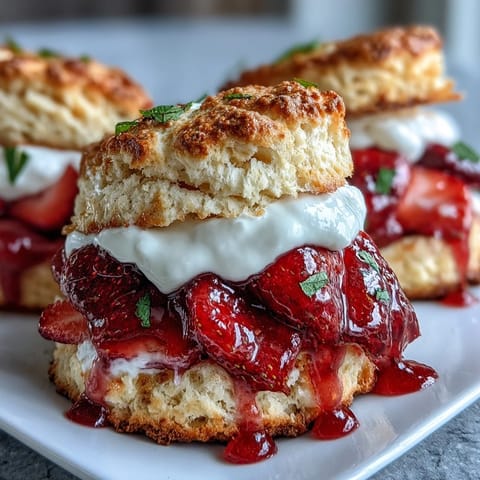 Golden strawberry scone shortcakes layered with creamy vanilla yogurt and fresh sliced strawberries.  