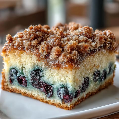 Lemon Blueberry Sourdough Coffee Cake Squares with a golden crumb and juicy berry pockets, topped with a buttery streusel.