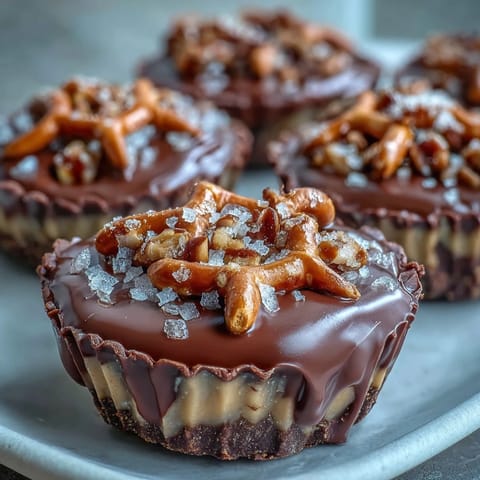 Crunchy pretzel homemade peanut butter cups with a creamy filling and smooth chocolate topping.  