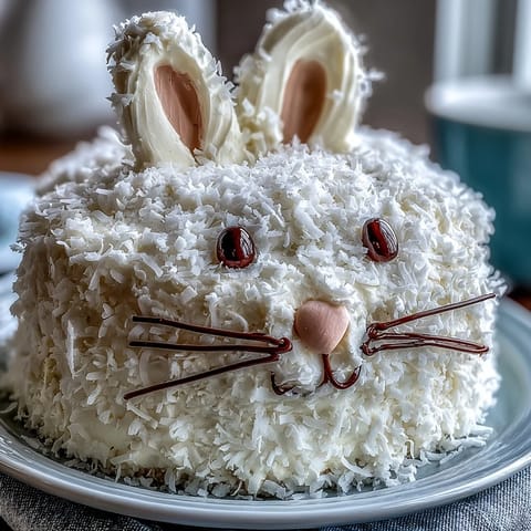 A festive Easter Bunny Cake with Coconut Frosting, featuring soft vanilla layers and shredded coconut for a whimsical spring dessert.