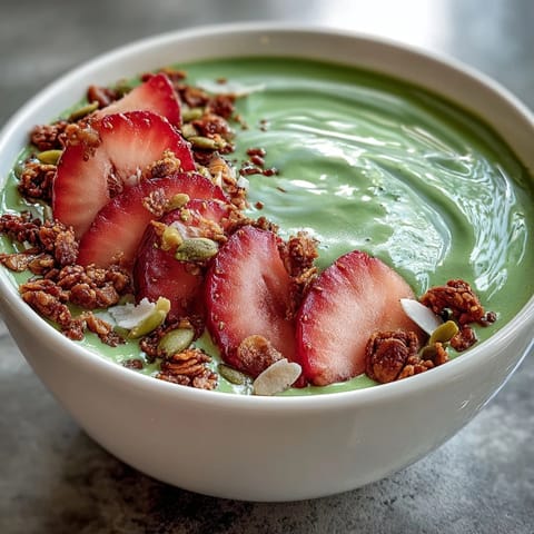 Strawberry Matcha Latte Smoothie Bowl with fresh strawberries, creamy matcha, and crunchy granola for a nourishing breakfast.