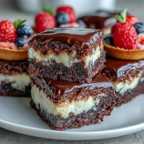 A colorful spread of mini brownie bites, lemon cheesecake cups, and fruit tartlets on a tiered dessert stand, perfect for a housewarming party.  