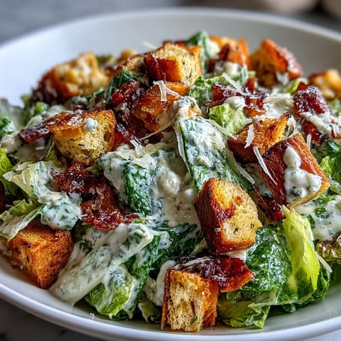 Crisp celery Caesar salad with crunchy croutons and shaved Parmesan in a tangy, creamy dressing.