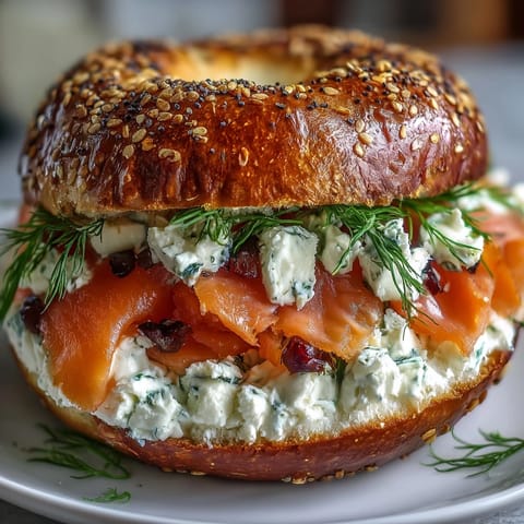 Golden cottage cheese bagels topped with silky smoked salmon, cream cheese, red onion, and fresh dill.