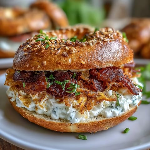 High-protein bagels with Greek yogurt everything dip on a rustic wooden board, golden and chewy, topped with everything bagel seasoning.