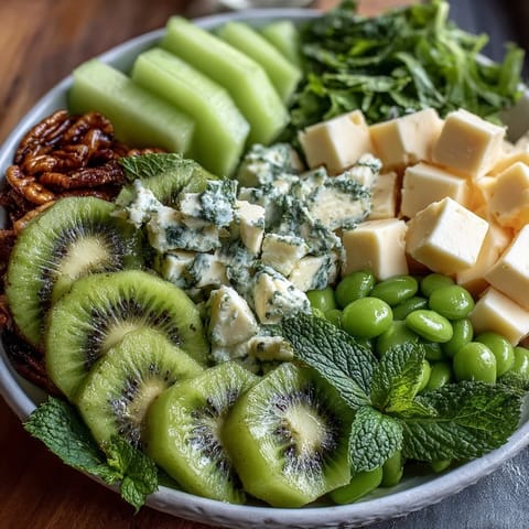 Festive green food board with vibrant fruits, veggies, cheeses, and treats for St. Patrick's Day celebrations.