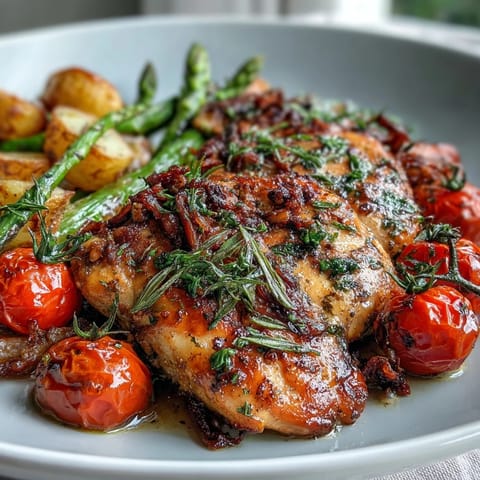 Vibrant sheet pan chicken dinner with juicy chicken breasts and colorful spring vegetables roasted to perfection. Healthy Easy Sheet Pan Chicken with Spring Veggies served on a rustic wooden board. Tender chicken and crisp vegetables drizzled with lemon-herb marinade for a wholesome, flavorful meal.