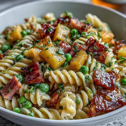 Hawaiian Pasta Salad with Ham, Pineapple, and Ranch in a creamy dressing, topped with colorful veggies. Perfect for summer picnics.  