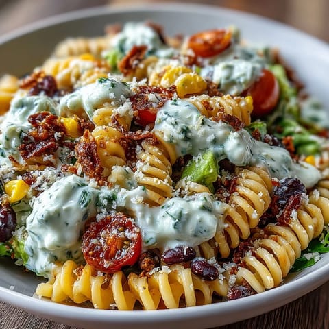 Colorful taco pasta salad with rotini, black beans, corn, and cheddar in creamy Tex-Mex dressing, garnished with tortilla chips.