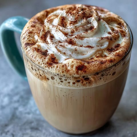 Warm mug of dandelion tea latte with oat milk, vanilla, and a sprinkle of cinnamon on top.
