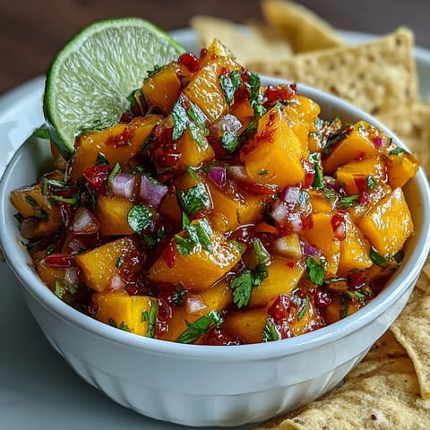 1. Vibrant mango habanero salsa with juicy mango chunks, fiery habanero, and fresh cilantro, perfect for dipping chips or topping tacos.  