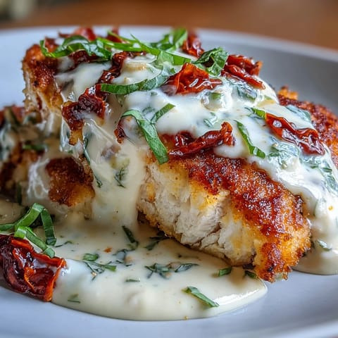 Golden seared chicken breasts in a rich Parmesan cream sauce, bursting with sun-dried tomato flavor and herbs.
